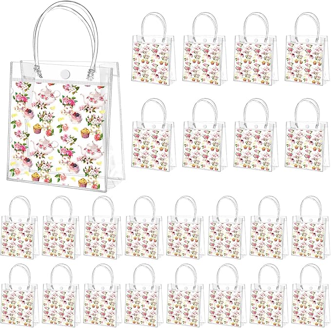 Tioncy 24 Pcs Tea Party Gift Bags Tea Party Clear PVC Gift Bags Decorations Floral Teapot Goodie Treat Bags with Handles for Birthday Goody Wedding Events Favors Supplies