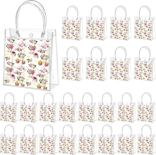 Tioncy 24 Pcs Tea Party Gift Bags Tea Party Clear PVC Gift Bags Decorations Floral Teapot Goodie Treat Bags with Handles for Birthday Goody Wedding Events Favors Supplies