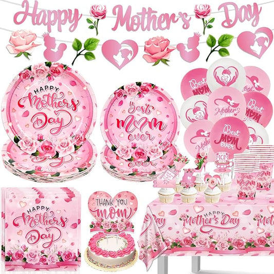 Mother's Day Plates and Napkins Set Pink Floral Happy Mothers Day Cake Topper Including Banner Cups Balloons for Best Mom Day Party Supplies