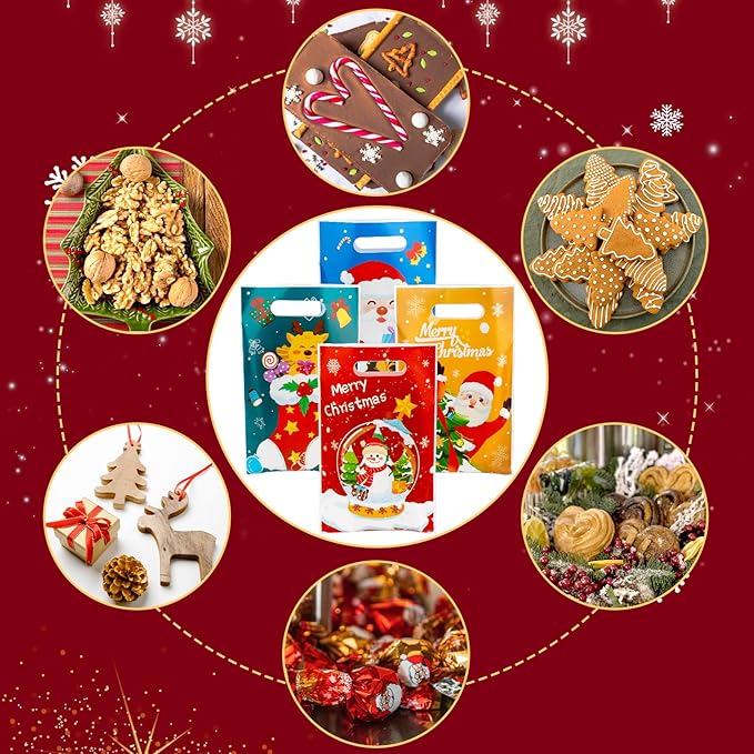 Christmas Treat Bags with Handles, 60 PCS Christmas Goodie Bags, Xmas Gift Bag, Plastic Snowman Santa Claus Candy Goody Cookie Snack Bag Holiday Party Favor Bag for Xmas Winter Party Favor Supplies