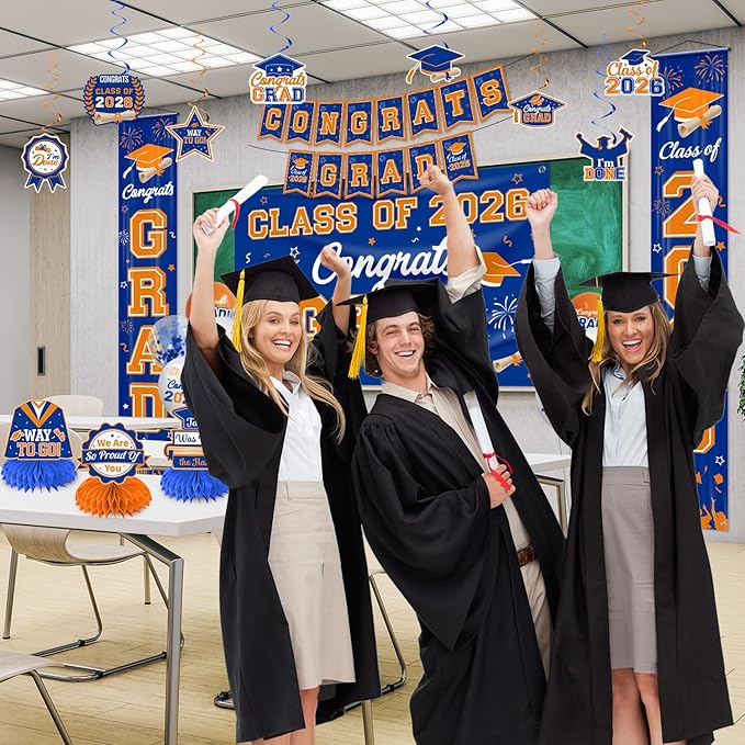 Graduation Decorations Class of 2026 Blue and Orange Graduation Party Decor Set include Congrats Grad Banner Backdrop Class of 2026 Balloons Party Supplies