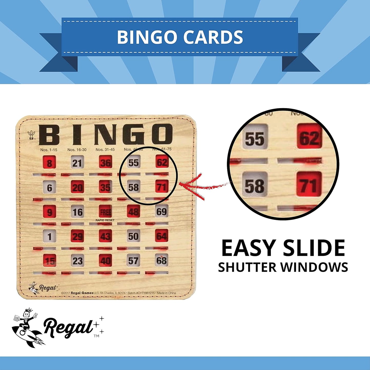 Regal Bingo Bulk Bingo Cards with Sliding Windows - Reusable Bingo Game Cards for Adults Large Group - 10 Pack, Woodgrain