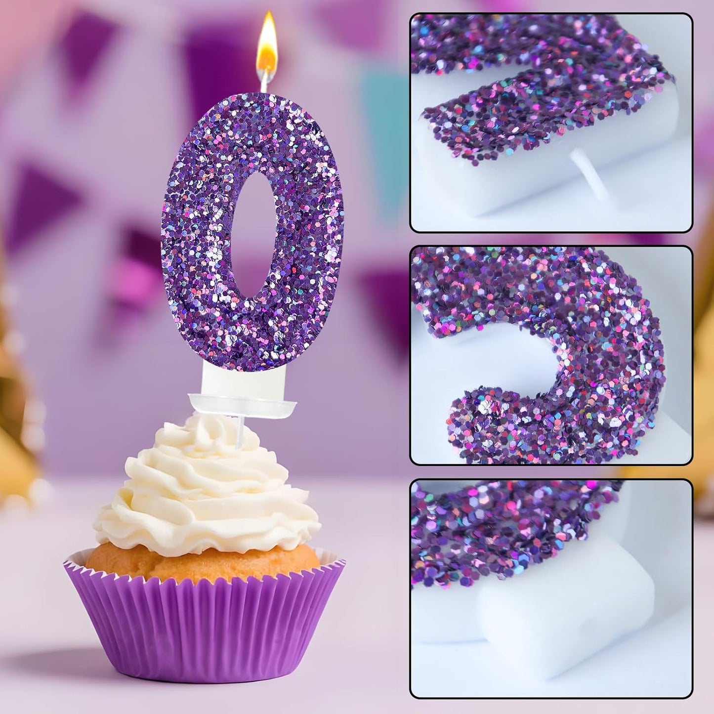 Birthday Number Candles, Glitter Number Candle Cake Decorations with Sequins, Cupcake Decorations for Girls, Women, Party Anniversary Celebrations (Number 0, Purple)