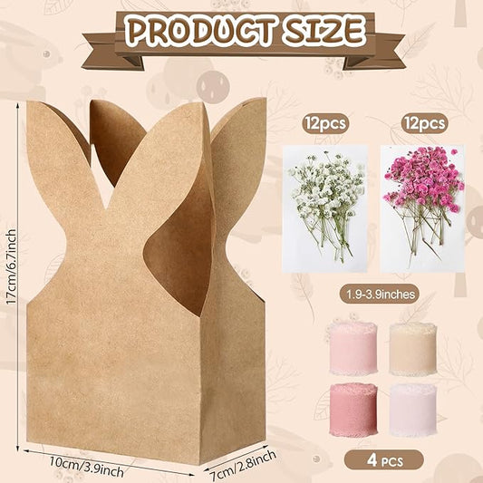 Affrolling 24 Set Boho Bow Easter Bunny Party Favor Bags DIY Bunny Gift Boxes with Neutral Bow Ribbon and Dried Flowers Rustic Paper Rabbit Ears Treat Bags Bulk for Easter Spring (Pink)