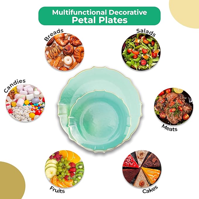 Exquisite Tinted Plates 40 Piece Plastic Disposable Plates for Party Set For 20 Guests 20 X 7.5 Dessert Plates & 20 X 10 Thin Delicate Fancy Plastic Plates Disposable Dinnerware Mint Gold Rim