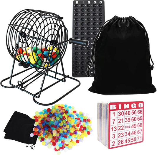 Yuanhe Deluxe Bingo Game Set - Includes 8" Metal Rotar Cage with Big Storage Bag,1000 Colorful Chips,100 Bingo Cards,75 Colored Balls and Masterboard, Great for Large Groups