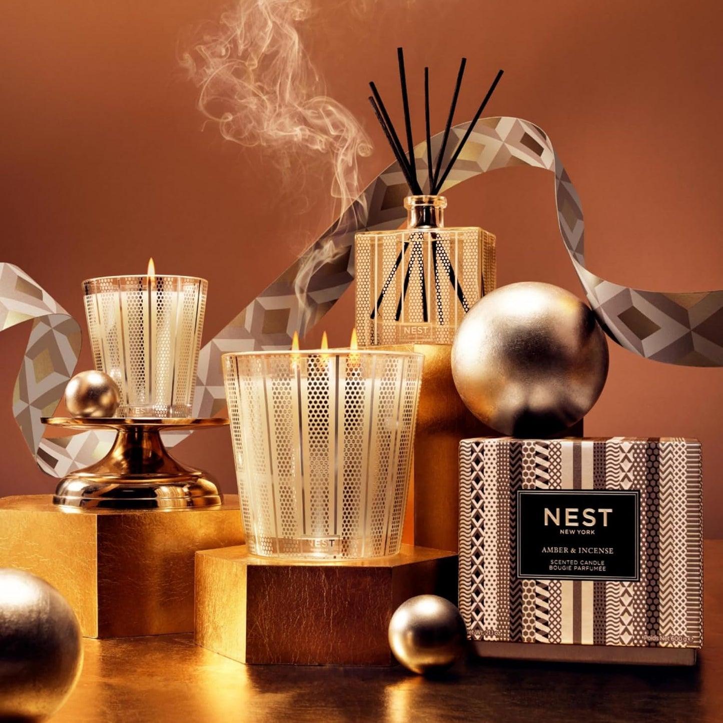 NEST New York Scented 3-Wick Candle, Amber & Incense - 21.2 oz - Up to 100-Hour Burn Time - Reusable Glass Vessel