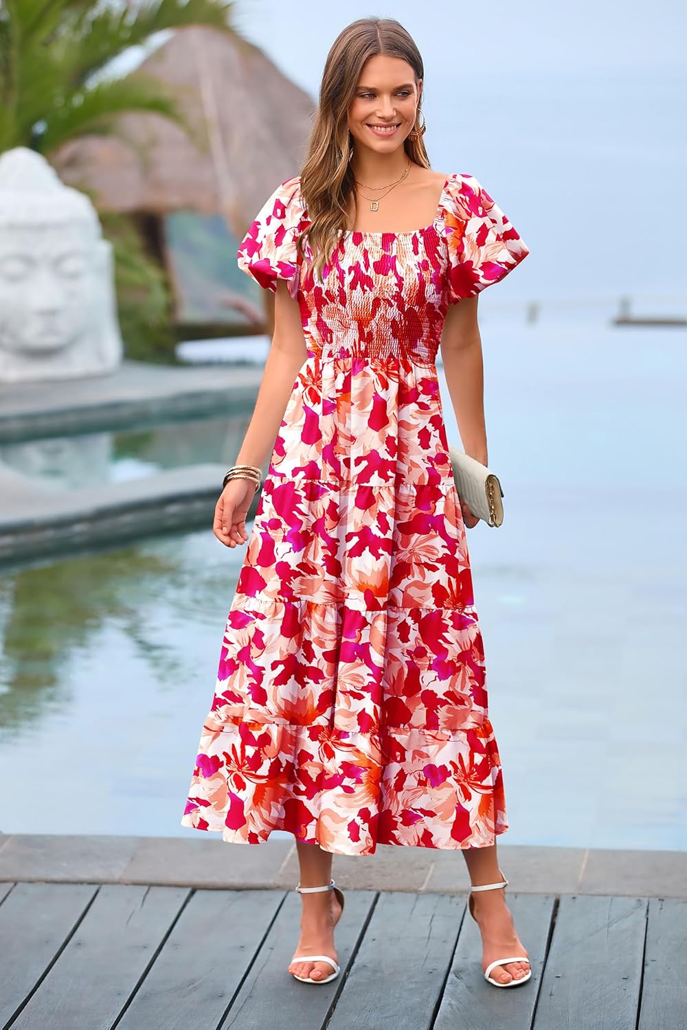 PRETTYGARDEN Women's Casual Summer Midi Dress Puffy Short Sleeve Square Neck Smocked Tiered Ruffle Dresses