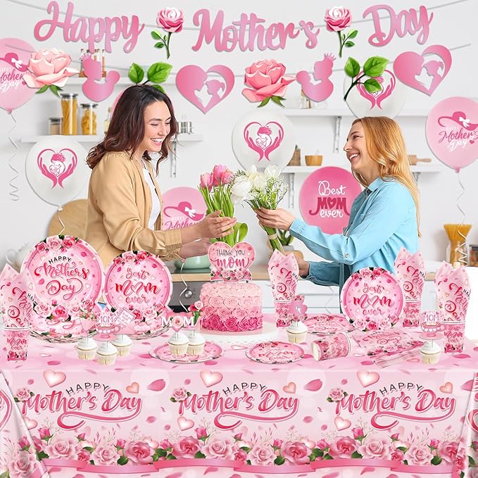 Mother's Day Plates and Napkins Set Pink Floral Happy Mothers Day Cake Topper Including Banner Cups Balloons for Best Mom Day Party Supplies