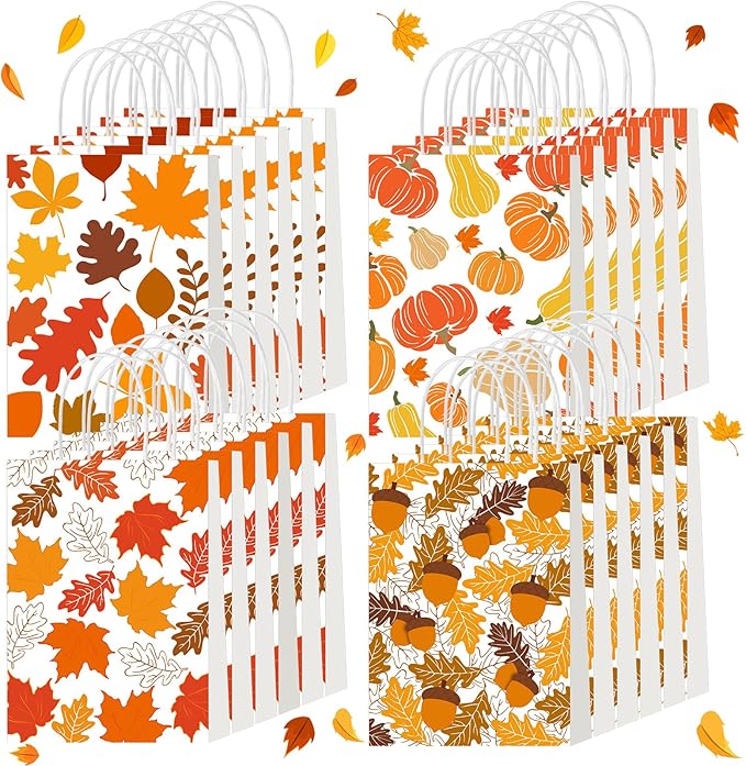 Glenmal 24 Pcs Fall Thanksgiving Gift Goodie Bags Bulk Maple Leaf Pumpkin Kraft Bags with Handles for Thanksgiving Autumn Party Favors Birthday Party Favors Supplies