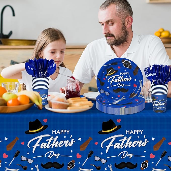 Childom Fathers Day Decorations for Party,132 Pcs Disposable Fathers Day Plates Tablecloth Cups Knives Spoons Forks for Party Supplies,Plates Tableware for Dads Birthday,Home,Brunch,Dinner,Serves 26