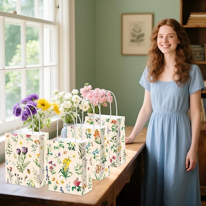 12 PCS Wildflower Party Favor Gift Bags Butterfly Floral Goodie Candy Bags Treat Boxes for Wildflower Birthday Baby Bridal Shower Wedding Party Favors Supplies