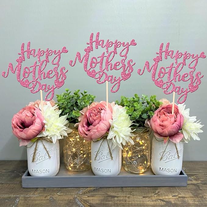 12 PCS Happy Mother's Day Centerpiece Sticks Double Sided Glitter Love Mother Best Mom Centerpieces for Happy Mother's Day Theme Table Flower Decorations Birthday Party Supplies Pink