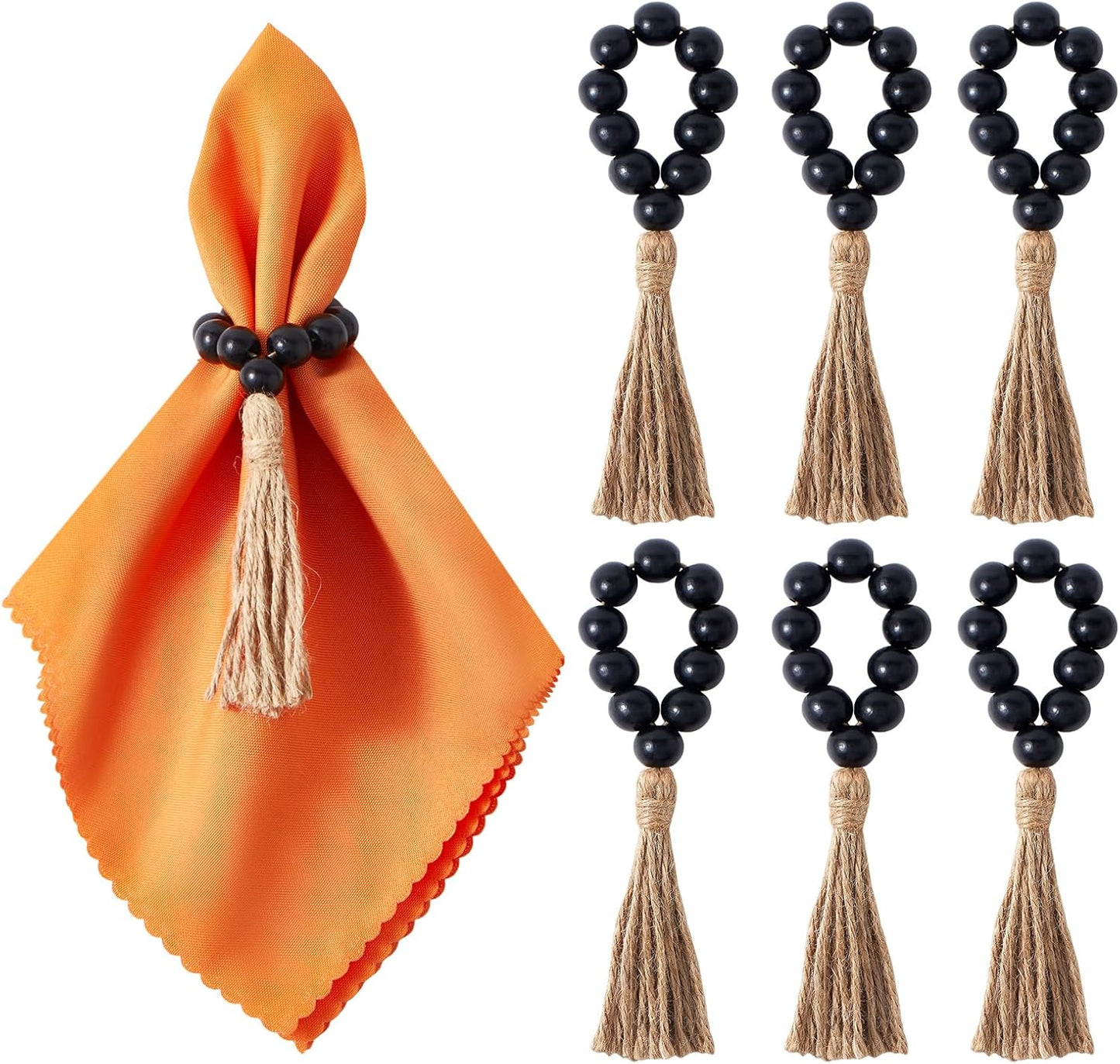 AWTWOW Napkin Rings Set of 6, Black Wooden Bead Napkin Rings for Table Decor, Hallowen Farmhouse Napkins Rings for Boho Table Decor, Fall Banquet, Wedding, Holiday Dinner Party