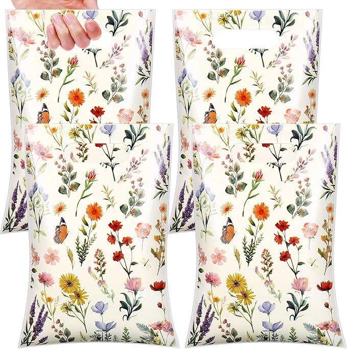 100 Pcs Wildflower Gift Bags Vintage Wildflower Party Favor Bag with Handle Plastic Goodie Candy Treat Gift Wrapping for Wedding Baby Shower Birthday Party Favors Supplies (Retro)