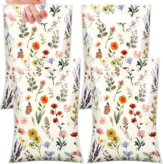 100 Pcs Wildflower Gift Bags Vintage Wildflower Party Favor Bag with Handle Plastic Goodie Candy Treat Gift Wrapping for Wedding Baby Shower Birthday Party Favors Supplies (Retro)