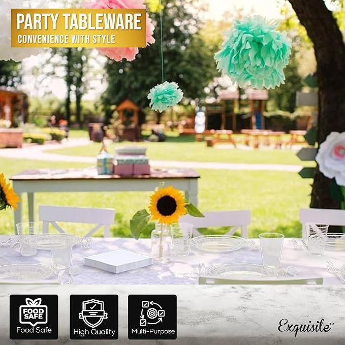 350 Pcs Clear Plastic Plates For Party, Clear Disposable Plates Set, 50 Of Each 9" Dinner Plate Set, 7" Dessert Plate, Cups, Napkins & Cutlery Plastic Dinnerware Exquisite