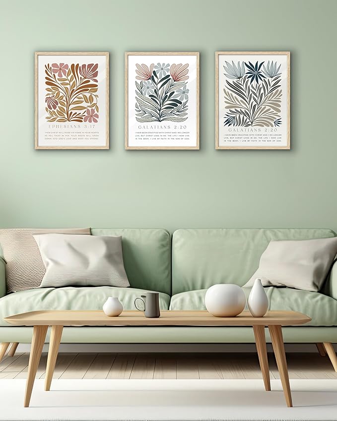 EcoHest Bible Verse Floral Framed Wall Art, 12x16 in OAK Wood Abstract Flowers Canvas Wall Art, Ephesians 3:17 Home Decor, Beige Logs Boho Christ Set of 1 for Bedroom Living Room