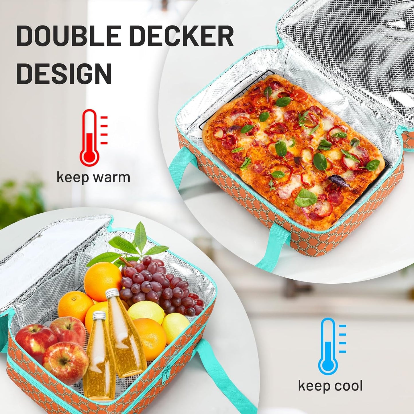 MIER Insulated Casserole Carrier Fits 9"x13" Baking Dishes/Foil Pans, Double Food Carriers Bag Thermal Holder for Hot or Cold Food Lasagna Lugger Potluck Parties Picnic Travel, Orange
