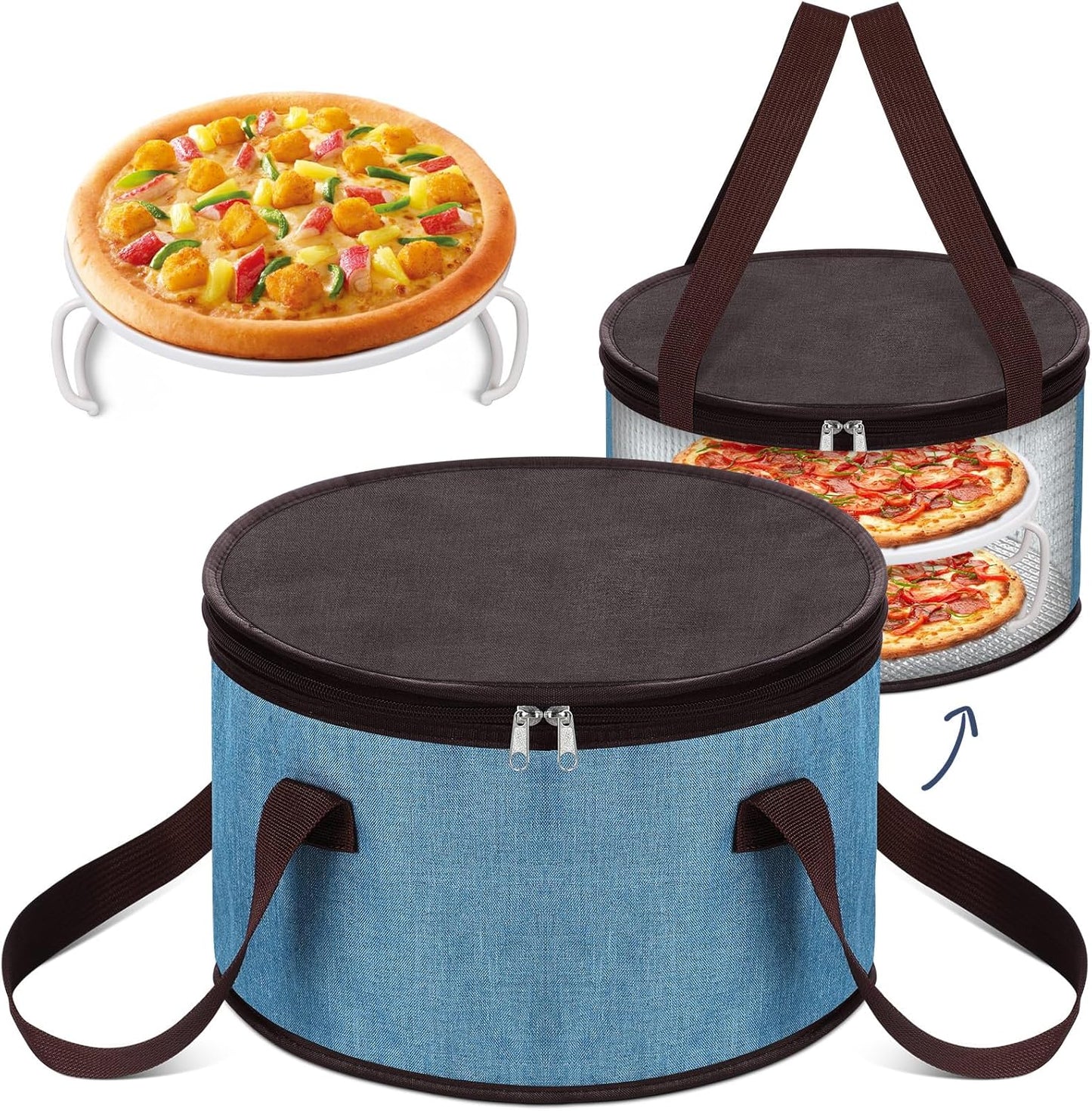 Yaomiao 2 Sets Round Pie Carrier 11 x 7 Inch with Dish Tray Plate Stacker Insulated Casserole Carrier with Lid and Handle Reusable Cooler Thermal Bags for Cold Food for Potluck Picnic (Blue and Brown)