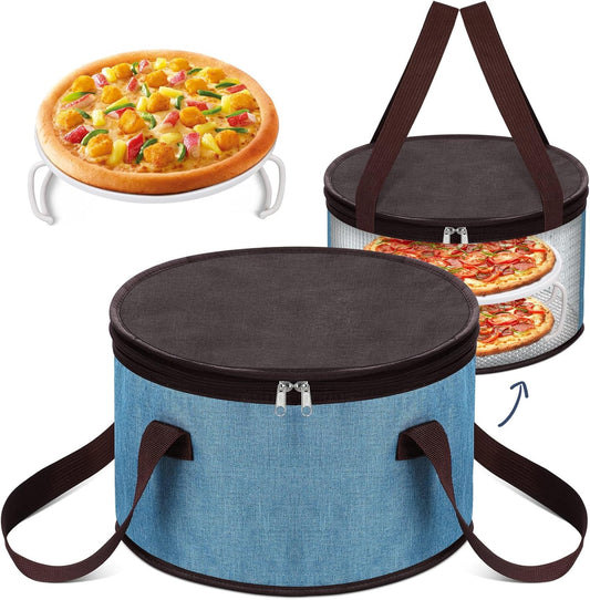 Yaomiao 2 Sets Round Pie Carrier 11 x 7 Inch with Dish Tray Plate Stacker Insulated Casserole Carrier with Lid and Handle Reusable Cooler Thermal Bags for Cold Food for Potluck Picnic (Blue and Brown)