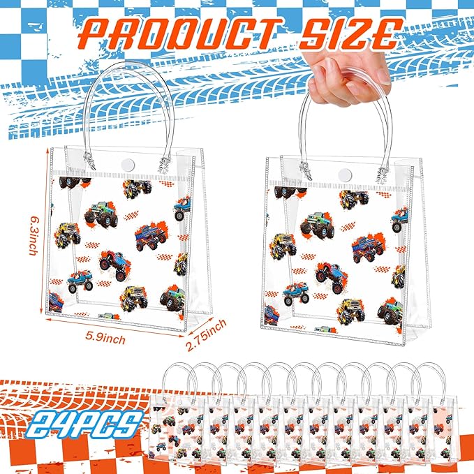 Tioncy 24pcs Truck Party Favor Bags Truck Gift Goodie Bags Car PVC Candy Treat Tote Clear Gift Bag with Handles for Kids Game Construction Racing Theme Birthday Party Supplies