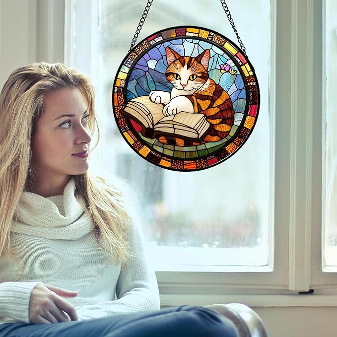 Stained Glass Window Hanging Little Cat Reading 7.8" - Suncatcher Door Garden Kitchen Sunroom Sun Catcher Home Decor Birthday for Lost Pets Mom Grandma Men Woman Friend