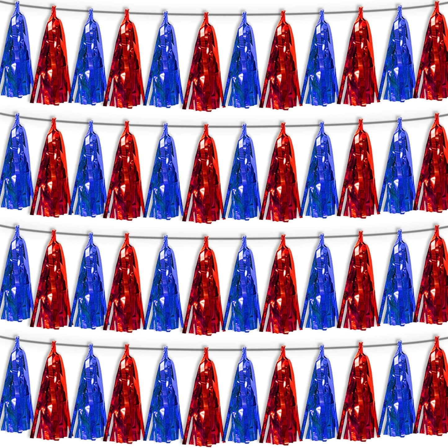 4P Blue Red Tassel Banner Garland Metallic Foil Fringe Banner Tinsel Tassels Streamer Banner Backdrop for Parade Floats, Graduation, Independence Day, 4th of july, Patriotic Themed Party Decoration