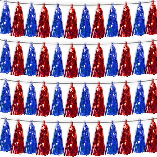 4P Blue Red Tassel Banner Garland Metallic Foil Fringe Banner Tinsel Tassels Streamer Banner Backdrop for Parade Floats, Graduation, Independence Day, 4th of july, Patriotic Themed Party Decoration