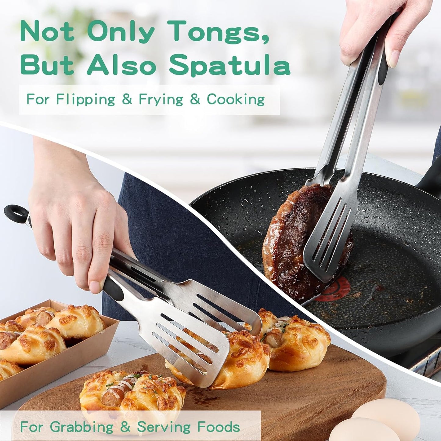 Metal Tongs for Cooking, Set of 2 Stainless Steel Spatula Tongs for Grilling, Cooking and Flipping, Strong Grip for Ribs, Steak and Fish, Comfortable Grip, Easy Pull Lock, 9 inch & 12 inch