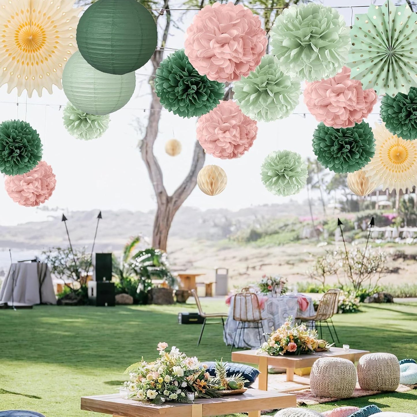 Sage Green and Dusty Rose Party Decorations Sage Green and Dusty Rose Paper Fans Paper Lanterns Pom Poms Flowers for Baby Shower Birthday Wedding Engagement Party
