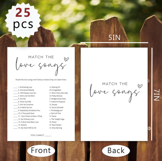 Bridal Shower Games, Match the Love Songs, 25Pcs Minimalist White Double-Sided Bridal Game Cards with 1 Answer Key, Wedding Shower Games for Guests, Engagement Bachelorette Party Supplies - A02