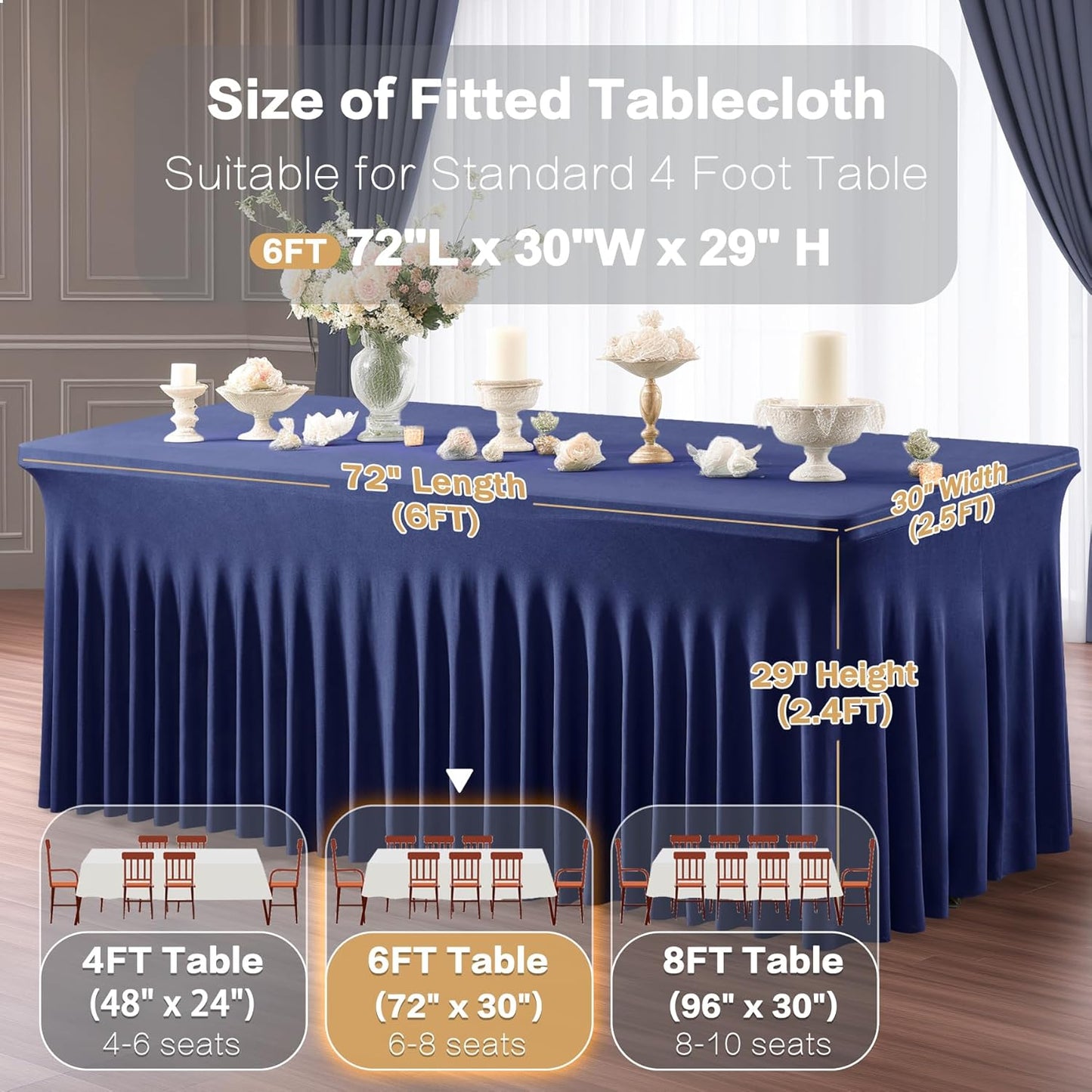 2-Pack Navy Blue Spandex TableCloths for 6' Rectangle Tables, Wrinkle-Free Fitted Stretch TableSkirts for Event, Wedding, Banquet & Parties