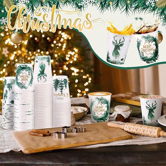 Funtery 100 Pieces Christmas Paper Disposable Cups Forest Landscape Design 9 Ounce Drinking Tea Christmas Paper Coffee Cups for Xmas Daily Use Holiday Party