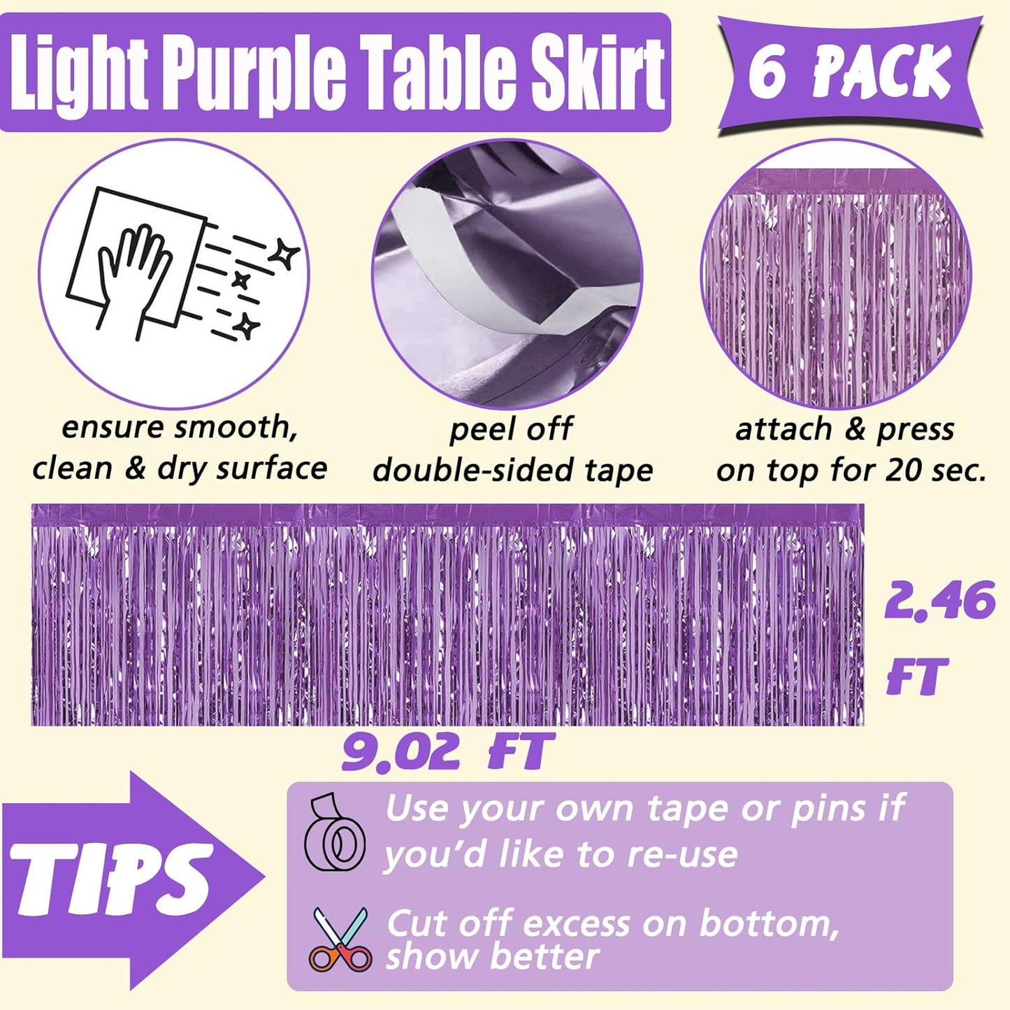 6 Pack 29x108 Inch Light Purple Metallic Foil Fringe Table Skirts Banner for Tinsel Streamer Garland Curtains Backdrop for Parade Floats Wedding Baby Shower Birthday Christmas Halloween Party Decor