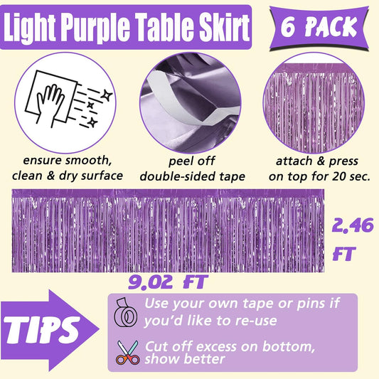 6 Pack 29x108 Inch Light Purple Metallic Foil Fringe Table Skirts Banner for Tinsel Streamer Garland Curtains Backdrop for Parade Floats Wedding Baby Shower Birthday Christmas Halloween Party Decor