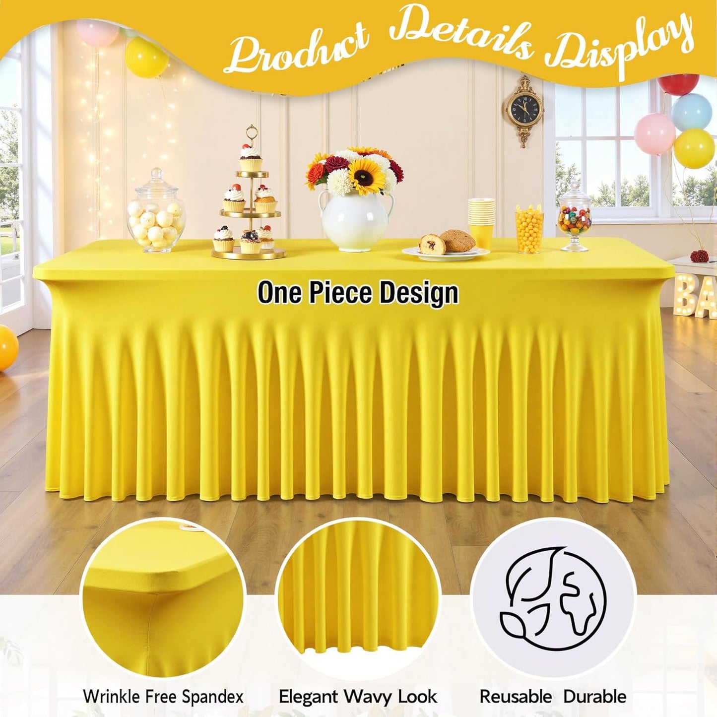 leegleri 4 Pack Yellow Spandex Table Clothes for 6 Foot Rectangle Tables, Wrinkle Free Fitted Table Cloth 6ft Stretch Tablecloths for Parties Weddings Birthday Banquet Baby Shower