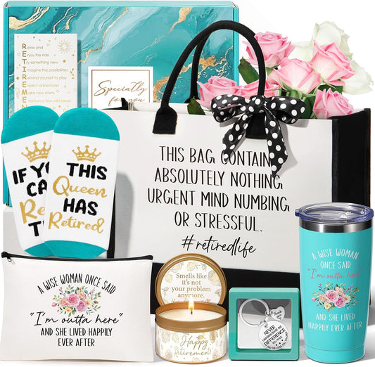 Happy Retirement Gift for Woman 2025, Funny Retirement Gifts for Women Coworkers, Cool Retired Gifts for Retirees Women Teacher Nurse Boss Friend Mom Grandma, Farewell Leaving Gift w/ Canvas Tote Bag