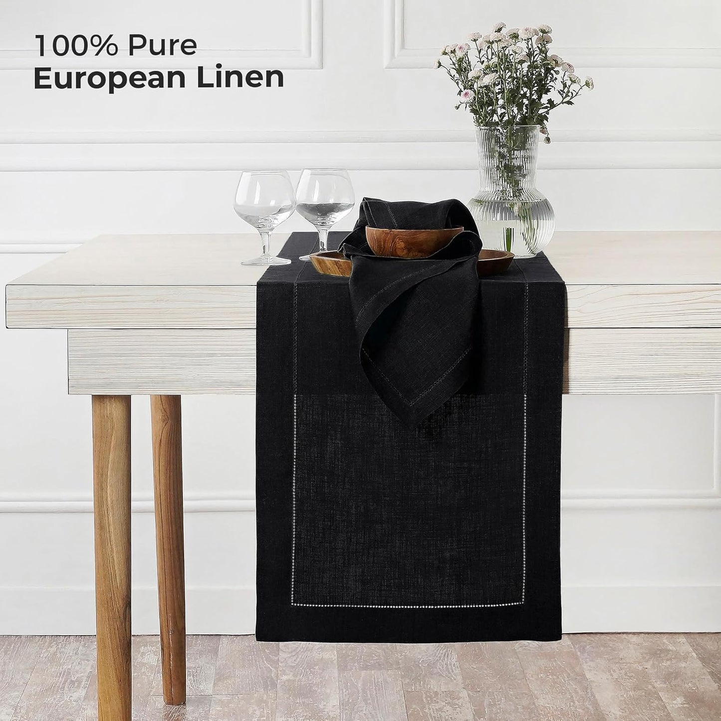 D'Moksha Homes Linen Black Table Runner 84 Inches Long - 100% Pure Linen Table Runner 14 x 84 Inch for Fall, Autumn and Halloween - Classic Hemstitch