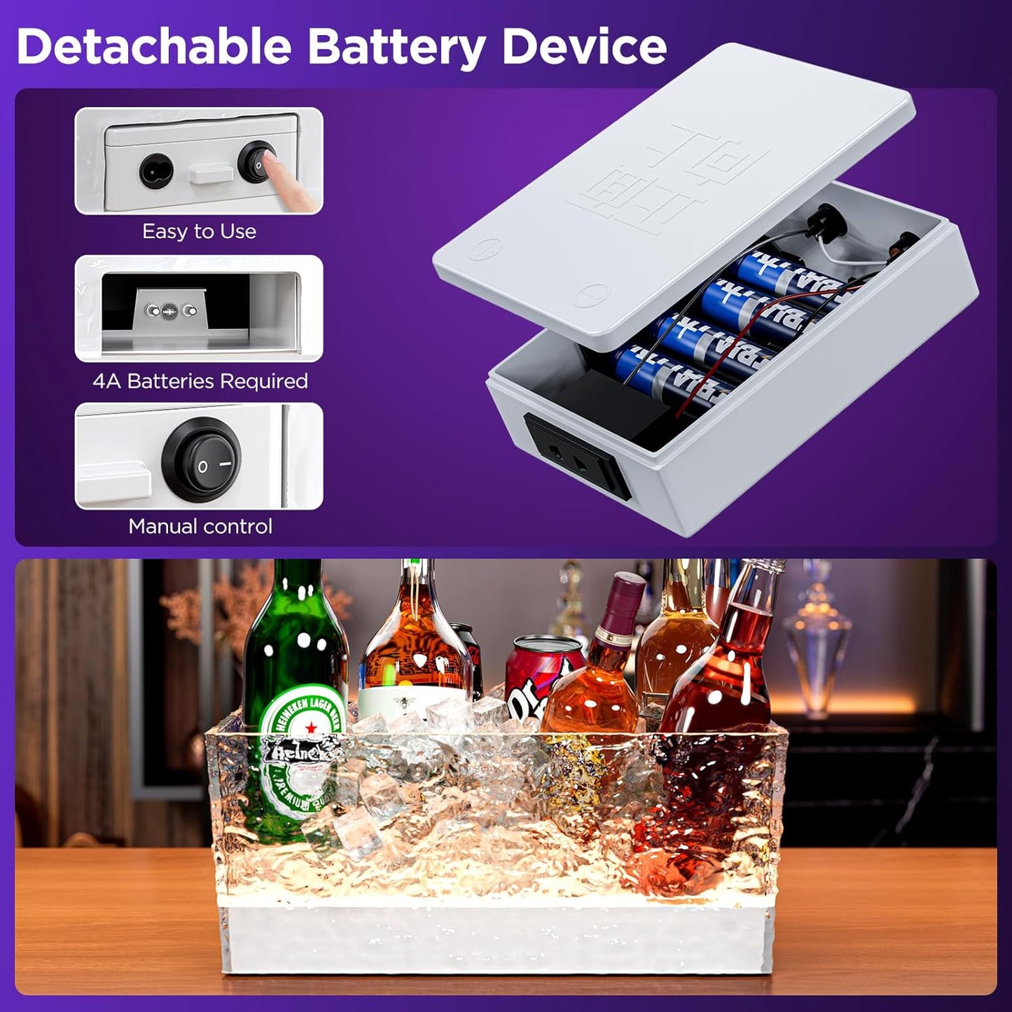 Plastic Ice Bucket Beverage Tubs for Parties, 15Liter / 4 Gallon Large Clear Drink Tub for Champagne Beer Drink Wine Cocktails, 7 Colors LED Light Up with Remote, Leakproof
