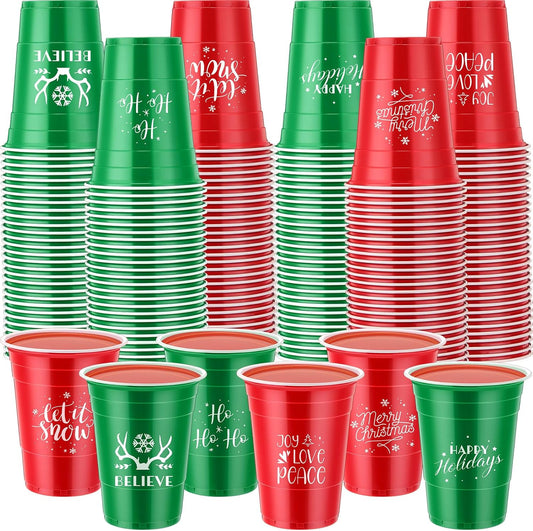 Sliner 120 Pcs 16 oz Christmas Plastic Disposable Cups Bulk Snowflake Elk Star Christmas Tree Drinking Cups for Xmas Birthday Party Supplies (Red,Green)
