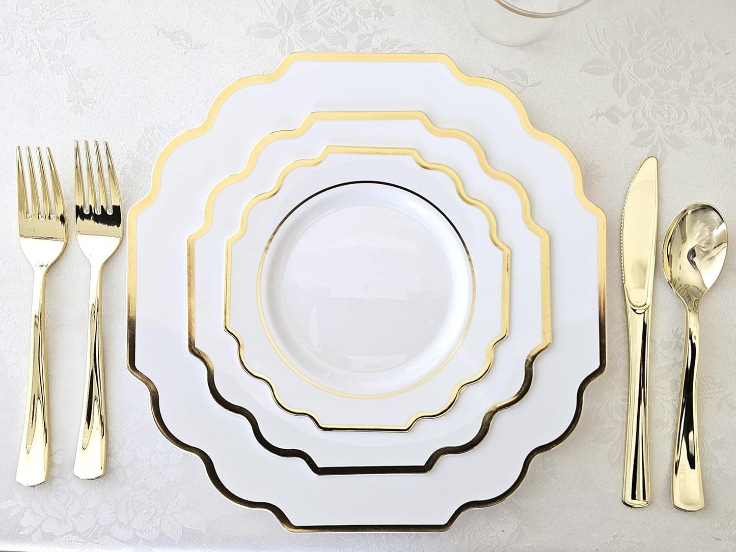 " OCCASIONS " 240 Plates Pack (120 Guests) Heavyweight Wedding Party Disposable Plastic Plates Set -120 x 10.5'' Dinner + 120 x 8'' Salad/Dessert Plate (Imperial White & Gold)