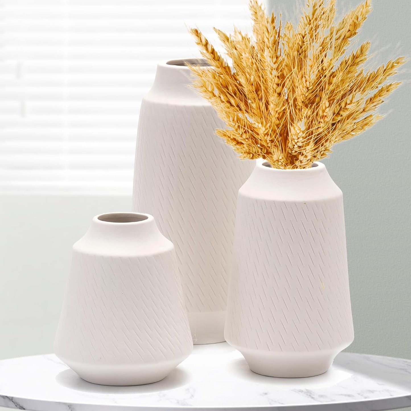 White Ceramic Vase Set of 3, Wide Mouth Small Flower 9” Tall Vase Modern for Home Decor Table Centerpiece Farmhouse Decorative Christmas