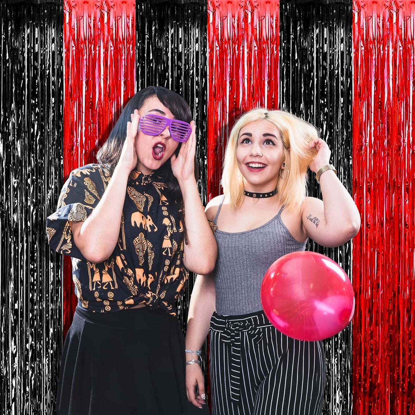 4 Pack 3.2Ft x 6.6Ft Black Red Foil Fringe Curtain Backdrop, Metallic Tinsel Foil Fringe Streamers Curtains Background for Casino Viva Las Vegas Game Night Birthday Party Decoration