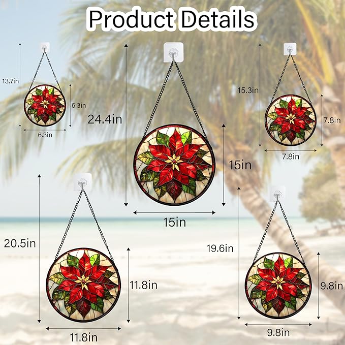 Stained Glass Window Hanging - Red Poinsettia Birth Flowers Suncatcher for Door Garden Yard Sun Catchers Decor Christmas Mother's Day Birthday Gifts for Women Mom Nana Teacher Friend 7.8 in