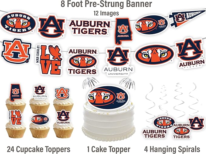 Auburn Party Supplies for Football, Birthday Gift, Graduation Party Banner and Cake Toppers (42 Pieces) (Auburn Tigers)