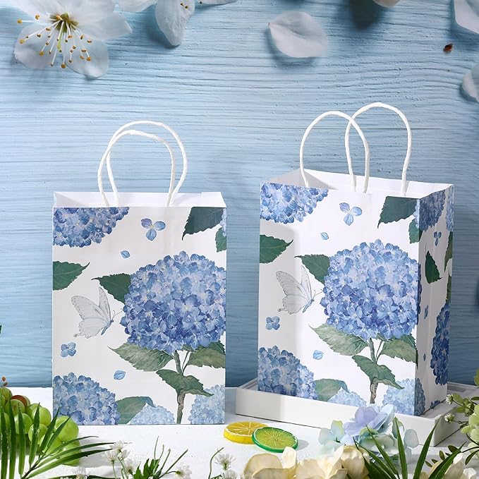 24 Pcs Floral Gift Bags Watercolor Hydrangea Paper Gift Bags with Handles Summer Party Favor Bag for Wedding Birthday Baby Shower
