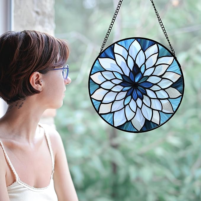 Stained Glass Suncatcher, Blue White Multi-Petal Flowers Sun Catcher Landscape Stain Glass Window Hanging Decoration Mother's Day Birthday Gifts for Women Men Mom Nana 15 in