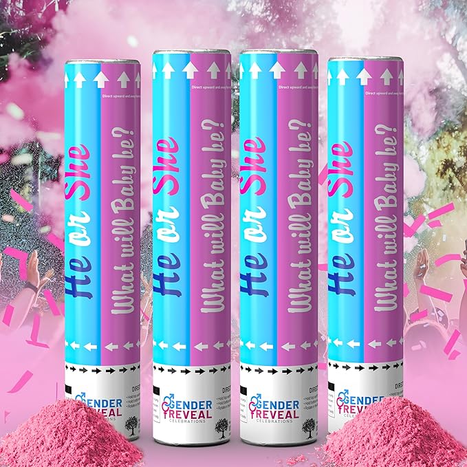 POPUPARTY 4Pack pink Gender Reveal Confetti smoke Powder Cannon, Confetti and Powder Poppers | Ideal for Baby girl Gender Reveal Decoration and party