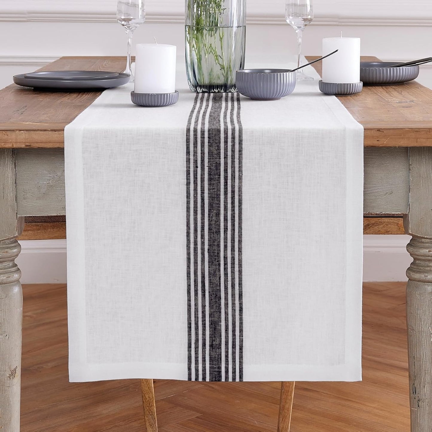 Solino Home Linen Table Runner 108 Inches Long - 100% Pure Linen Black and White Farmhouse Table Runner 18 x 108 Inch for Dining, Fall, Autumn, Halloween, Thanksgiving